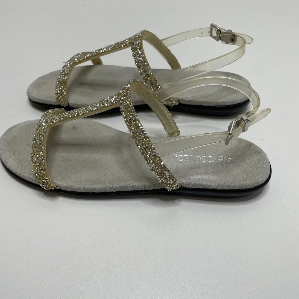Aerosoles Womens 8.5 Rhinestone T-Strap Slingback Flat Sandals Gold Silver Glam